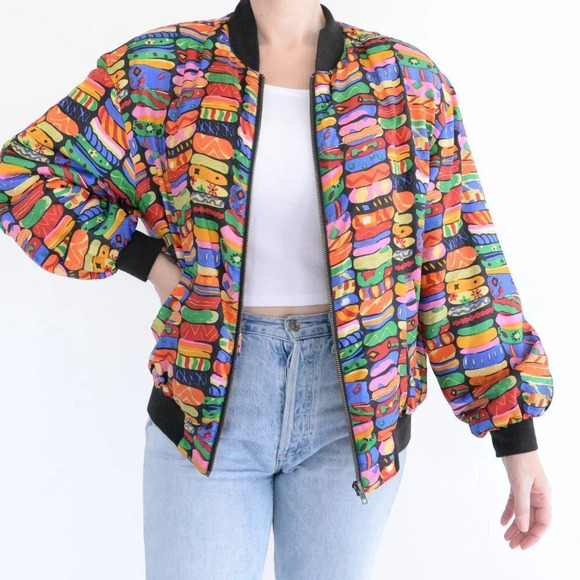Vintage K Arnold 100% Silk Rainbow Pattern Bomber Jacket M - Picture 2 of 14